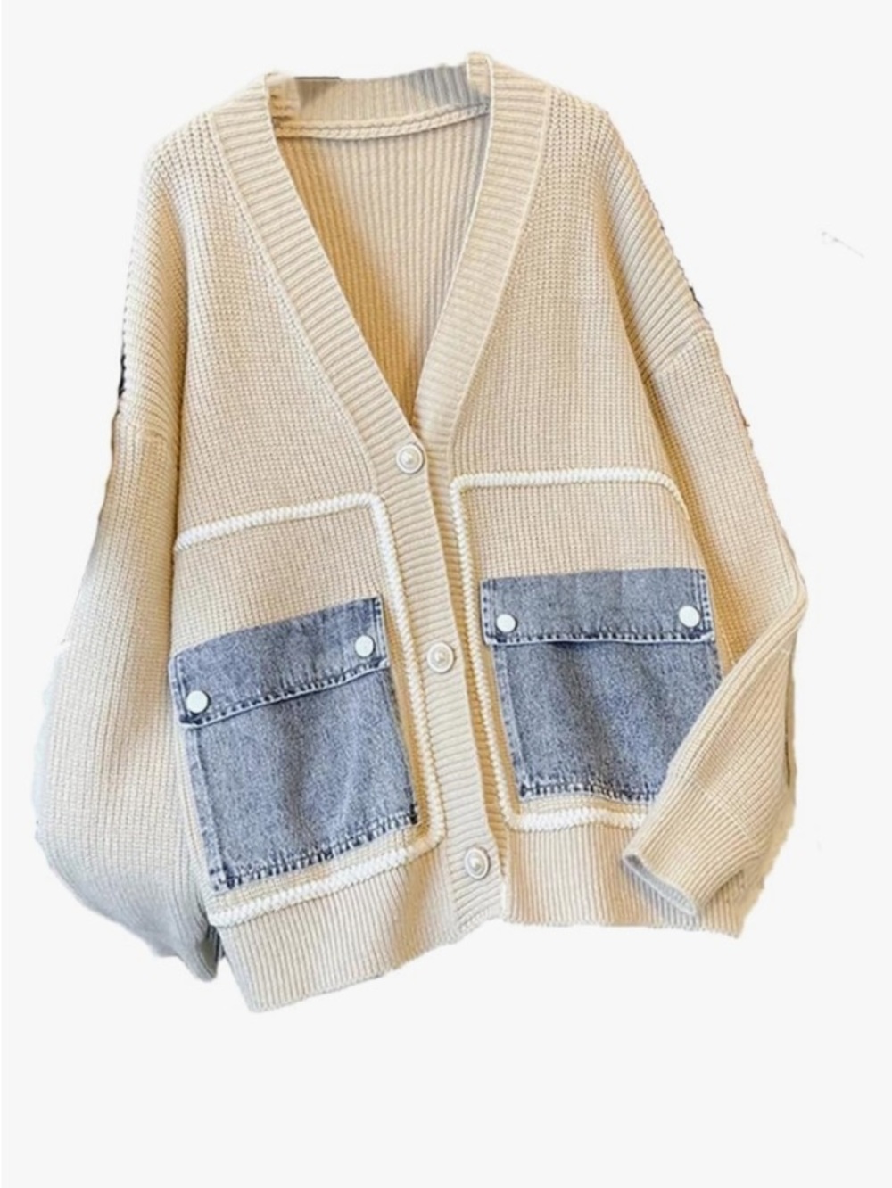 Cream V-Neck Cardigan with Gray Denim Patch Pockets